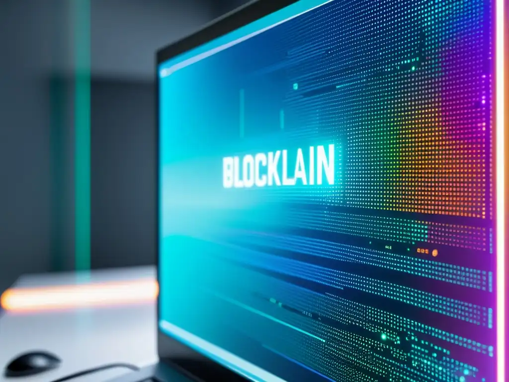 Vibrante código blockchain en pantalla de computadora en un moderno entorno de oficina, tecnología de vanguardia