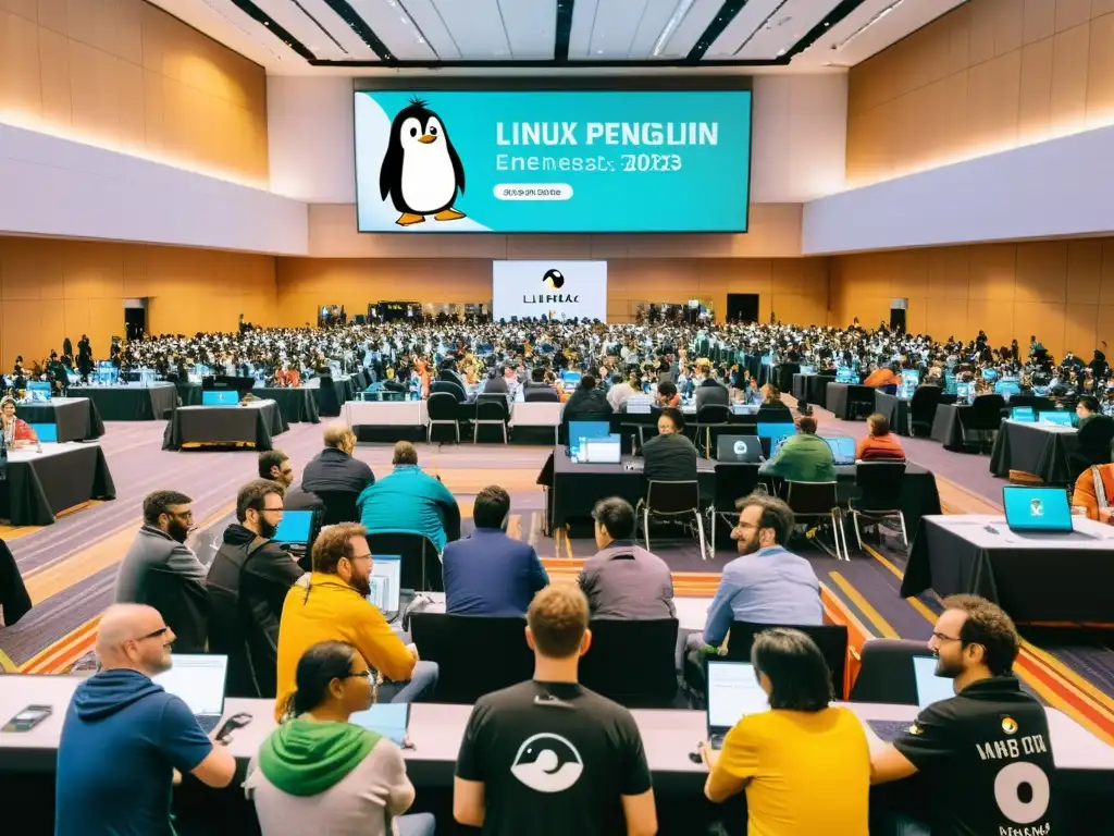 Vibrante evento de entusiastas Linux 2023 en un amplio salón concurrido, lleno de energía y camaradería