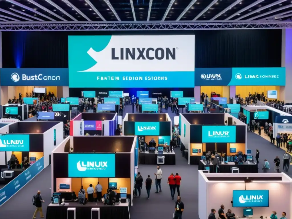 Vibrante exhibición en eventos entusiastas Linux 2023, con asistentes explorando innovaciones y compartiendo ideas en el congreso de Linux