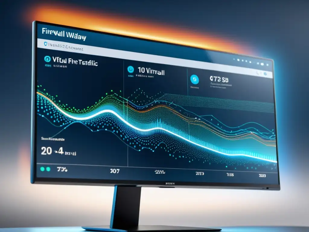 Vibrante interfaz firewall 8k en monitor, con visualización de tráfico de datos