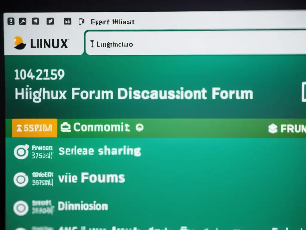 Vibrante pantalla de foro Linux con consejos expertos y discusiones, en tonos monocrómaticos nítidos y profesionales