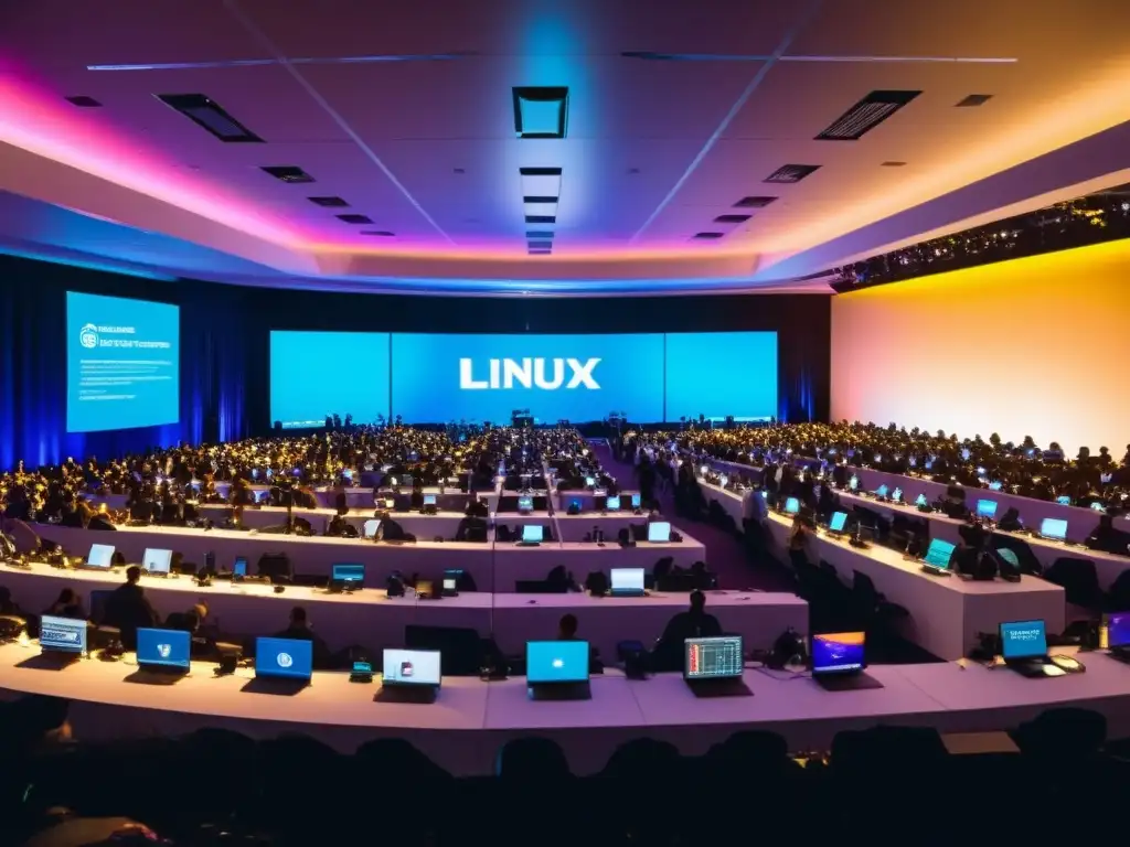 En el vibrante salón de conferencias de tecnología, se ven profesionales en discusiones profundas, pantallas digitales muestran sesiones de codificación y resolución de problemas en Linux