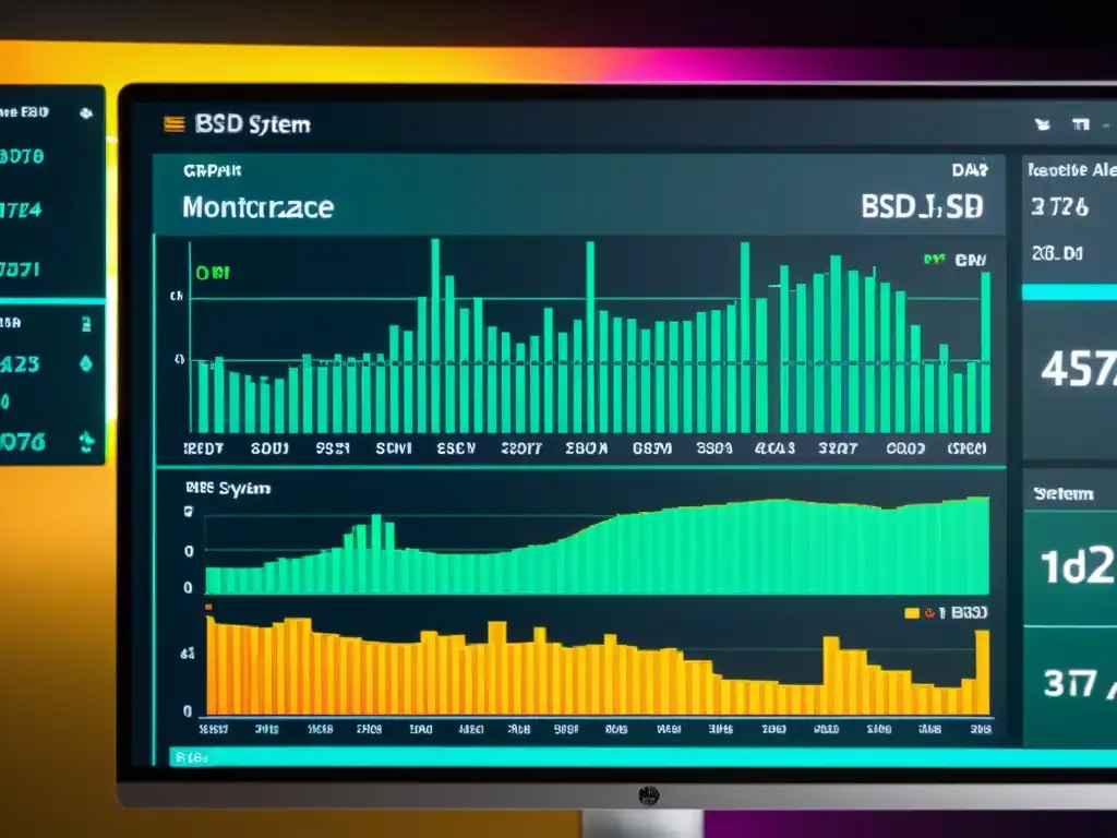 Vibrantes gráficos de monitorización de rendimiento BSD en pantalla de computadora con interfaz moderna y controles intuitivos