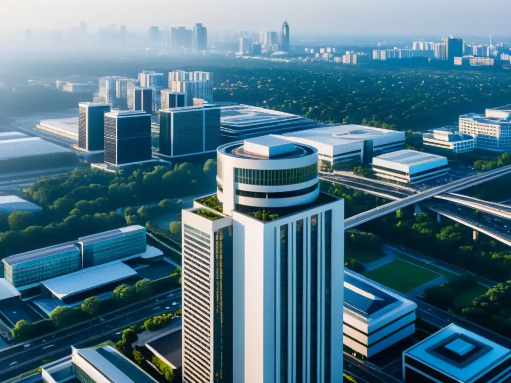 Vista aérea de ciudad con edificio BSD en el centro, destaca integración de BSD en infraestructura urbana