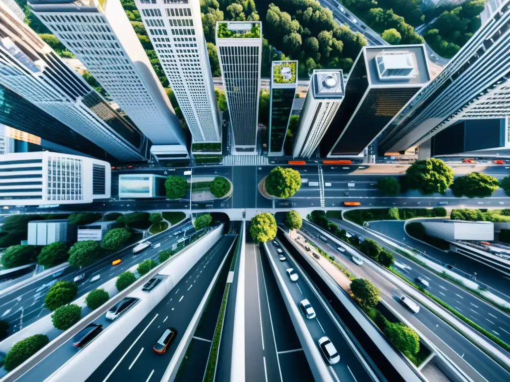 Vista aérea de una ciudad moderna y dinámica con rascacielos y calles llenas de tráfico