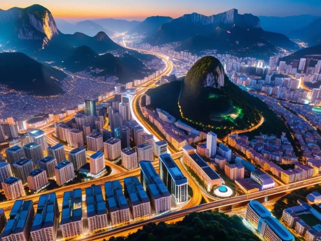 Vista aérea de una ciudad vibrante y dinámica en la noche, rodeada de un paisaje montañoso oscuro