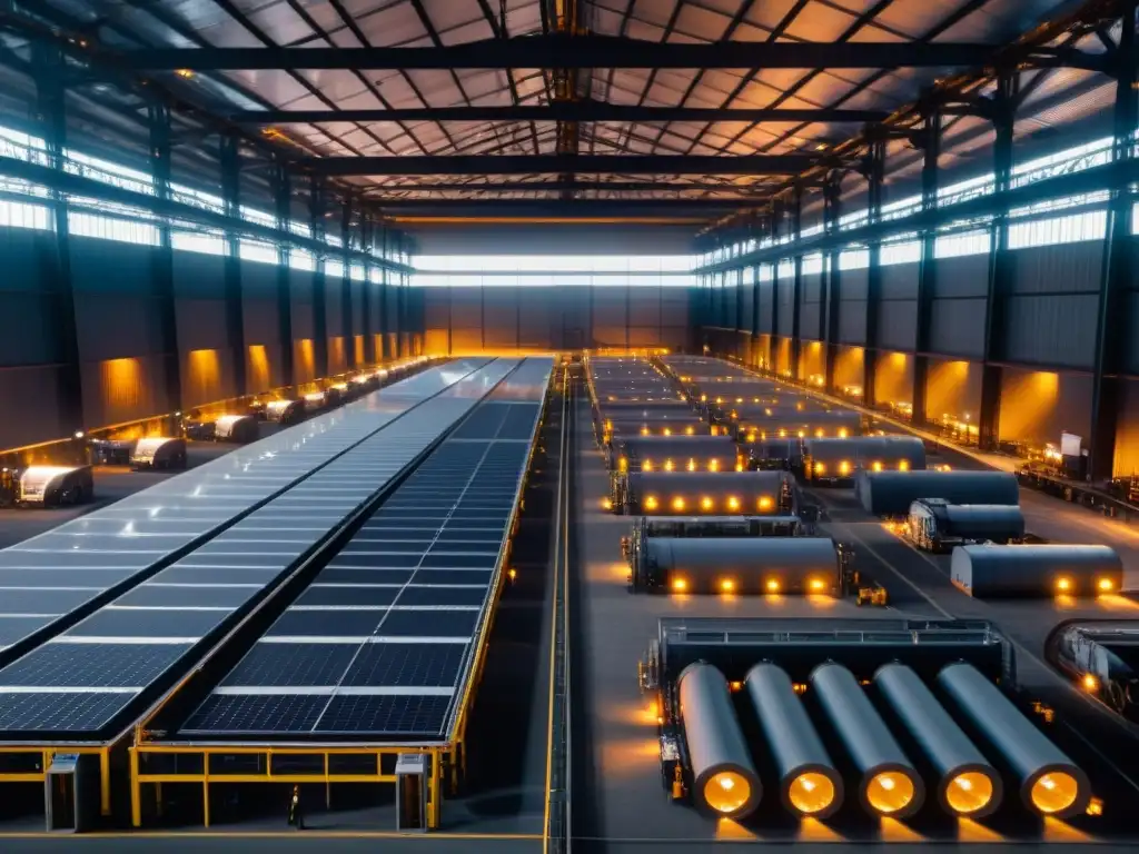 Centro minero de criptomonedas: potencia tecnológica Vista aérea de un complejo industrial de minería con filas de potentes equipos zumbando en un almacén tenue
