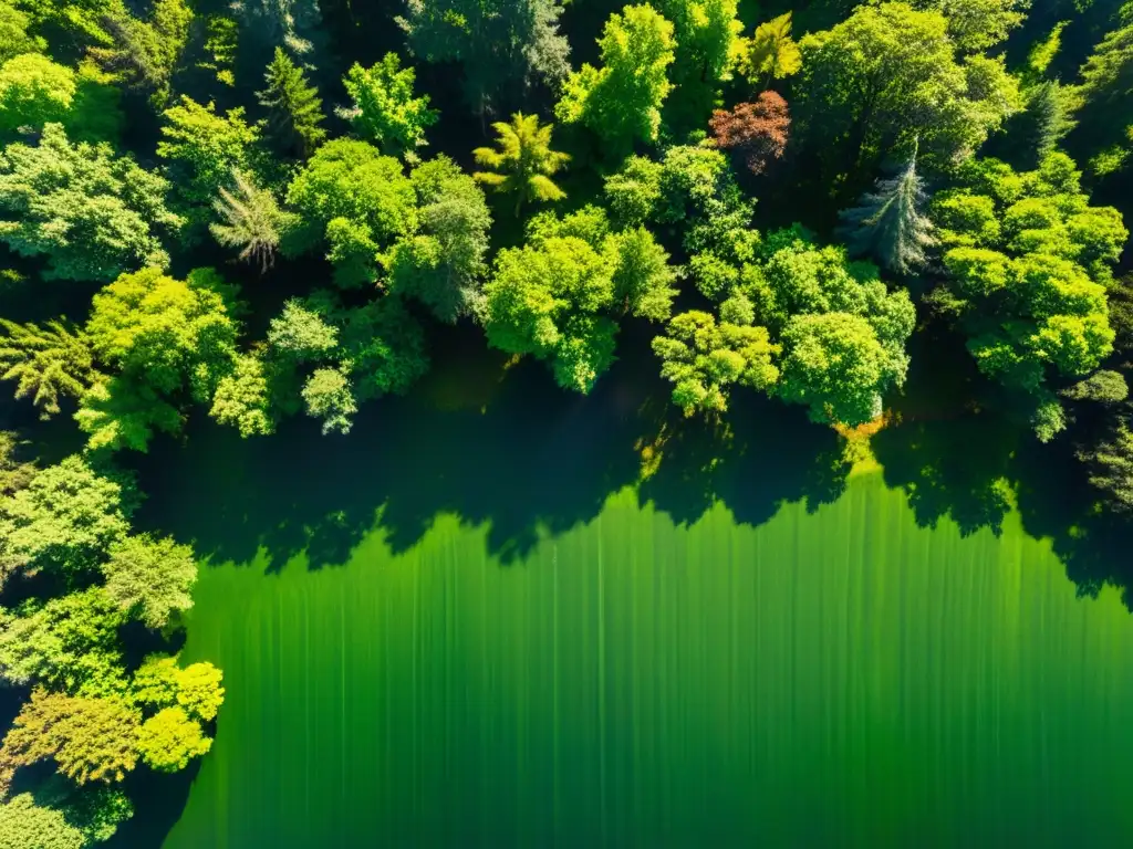 Vista aérea de un exuberante bosque verde con luz solar filtrándose entre el dosel, creando patrones de sombras