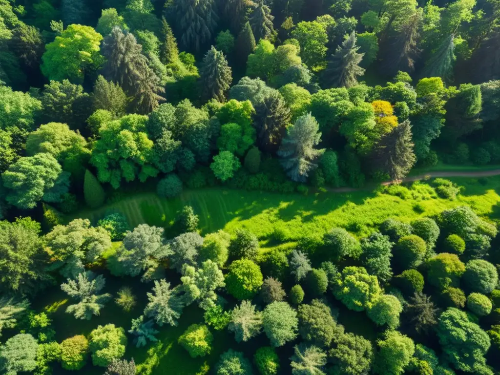 Vista aérea de los exuberantes bosques de la región nativa de Calculate Linux, con luz solar filtrándose entre los árboles