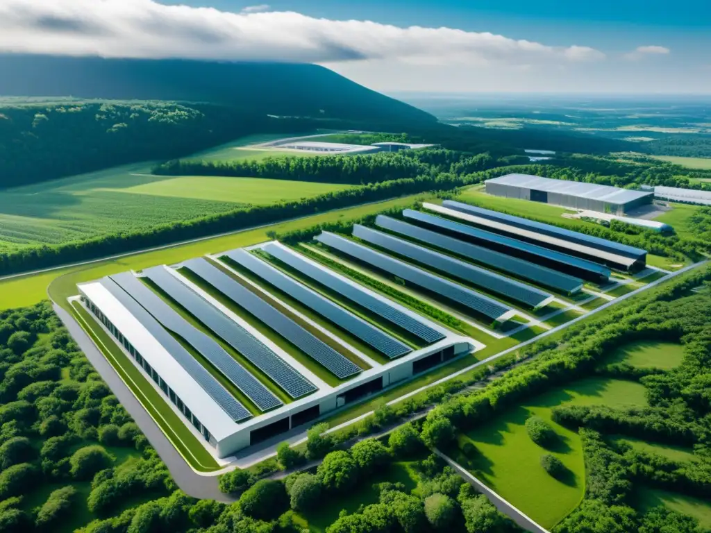 Vista aérea impresionante de un moderno centro de datos integrado en un paisaje natural