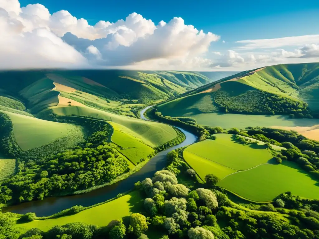 Vista aérea impresionante de un paisaje exuberante con colinas, árboles y un río serpenteante