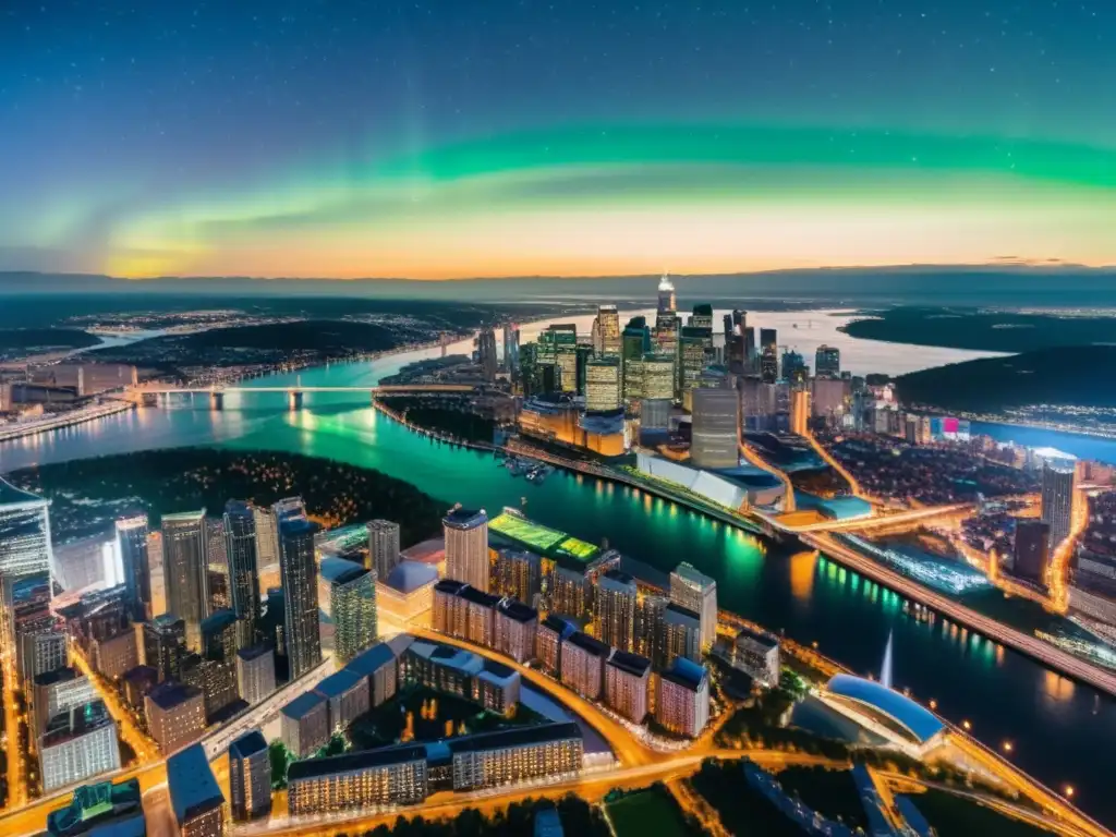 Vista aérea nocturna de una ciudad iluminada por luces de colores