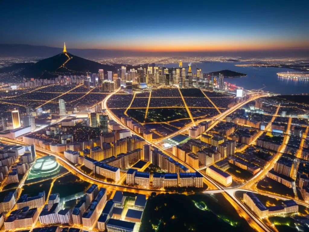 Vista aérea nocturna de una ciudad vibrante, con luces brillantes formando un intrincado entramado urbano