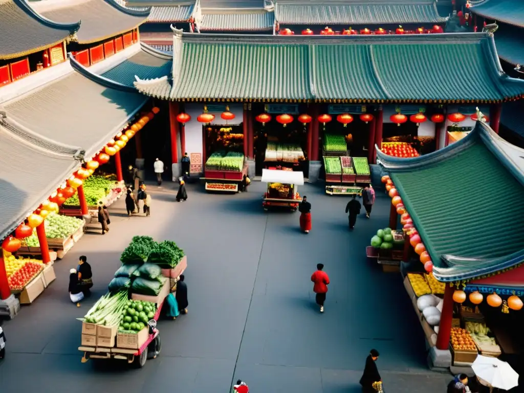 Vista aérea del vibrante mercado chino, con vendedores y clientes entre productos frescos y arquitectura tradicional