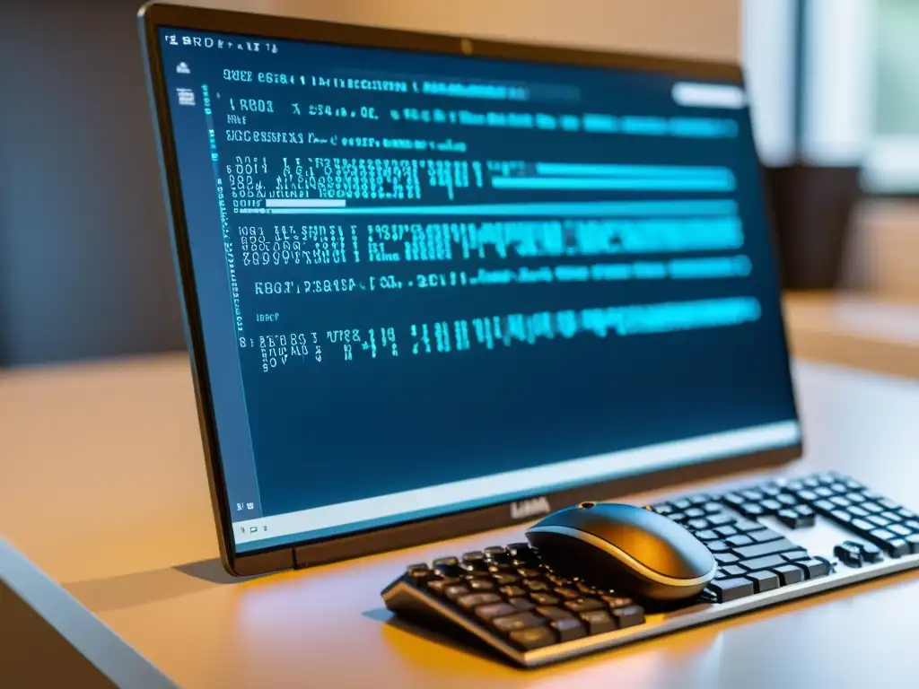 Vista cercana de código complejo en pantalla de computadora, con teclado y mouse modernos al fondo