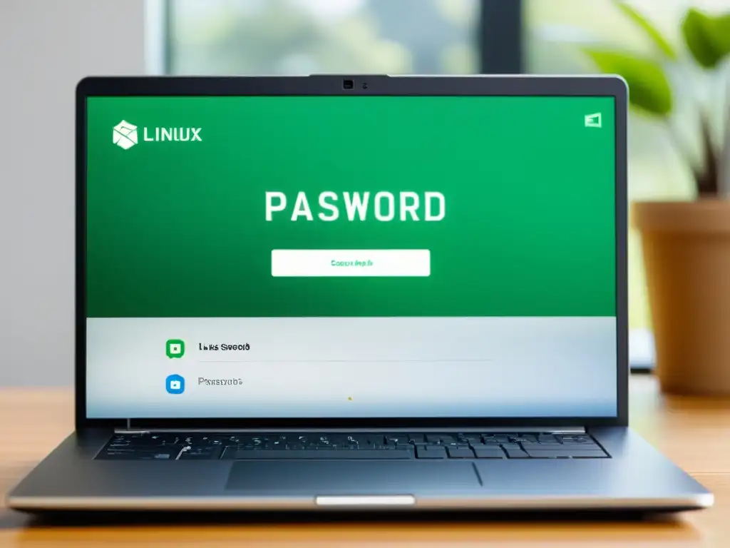 Vista detallada de laptop Linux con gestor de contraseñas