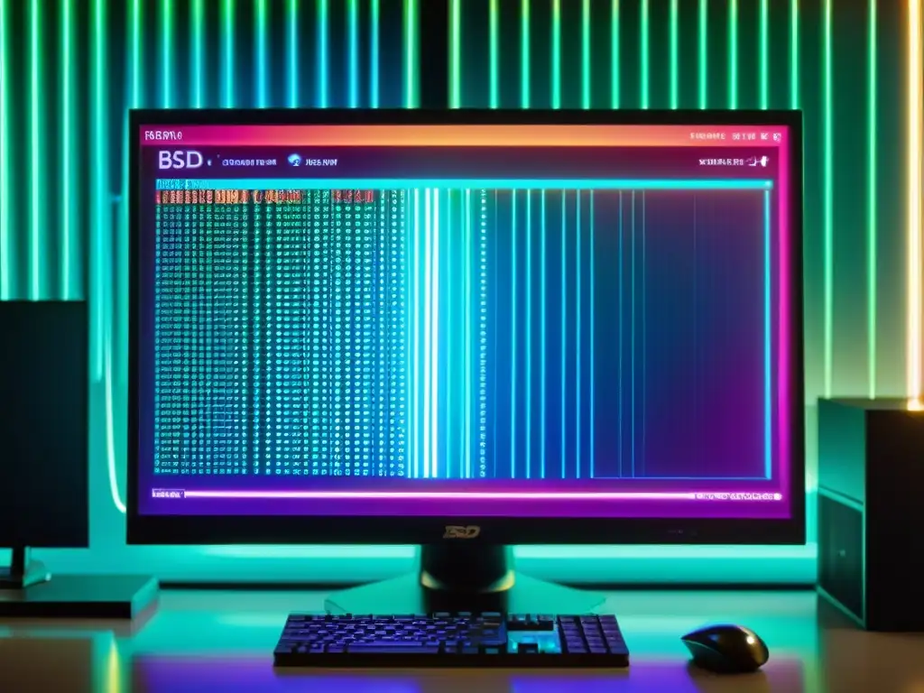 Vista detallada de monitor con código de configuración avanzada kernel BSD, en ambiente técnico futurista