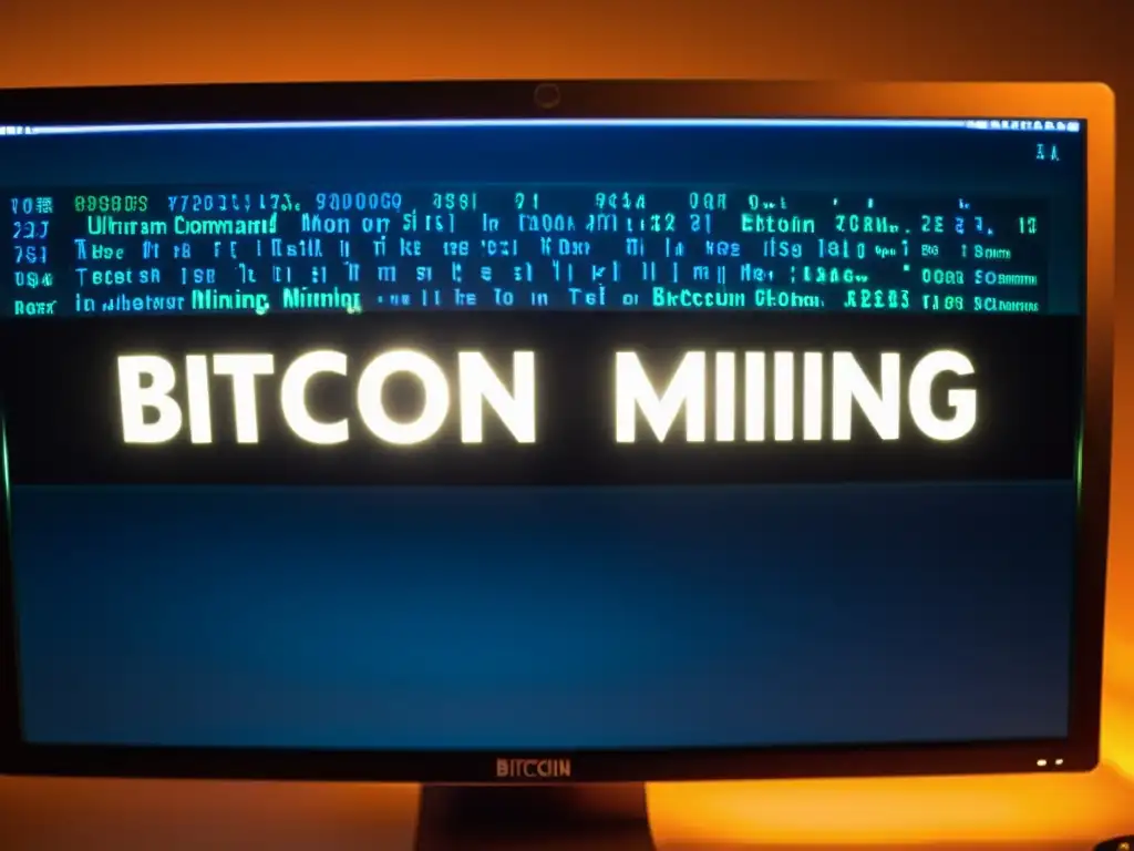 Vista detallada de pantalla de computadora con código de minar Bitcoin en Linux principiantes en habitación oscura, destacando expertise técnico