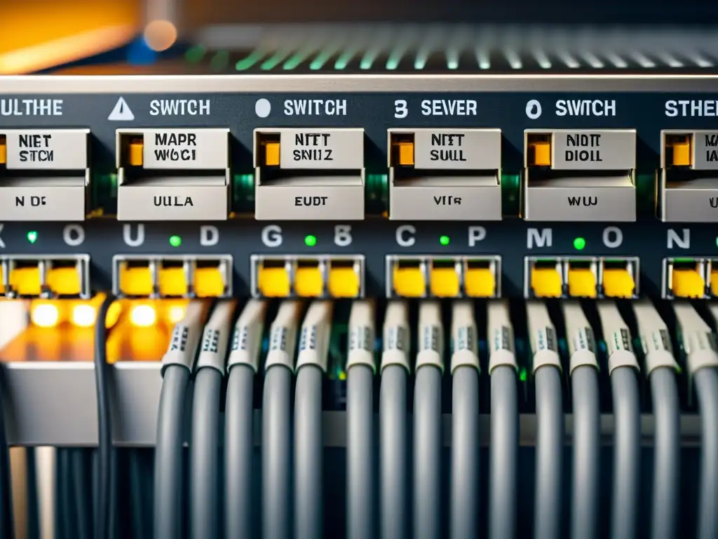 Una vista detallada de un switch de red con cables Ethernet conectados, cada uno etiquetado con nombres de servidores