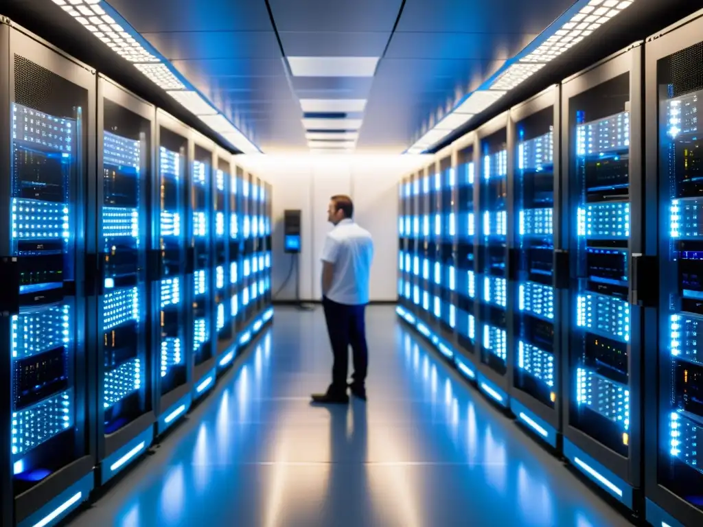 Vista detallada de una sala de servidores con racks ordenados y luces LED parpadeantes