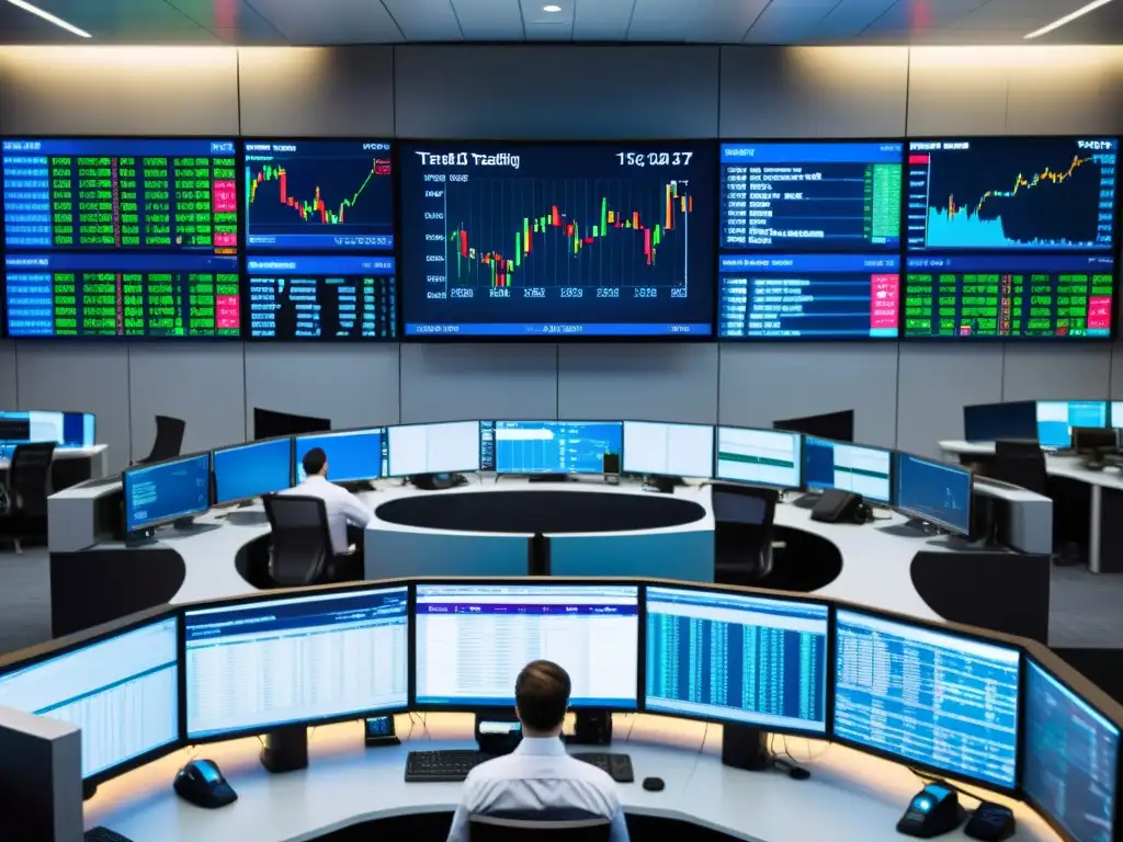 Vista detallada de una sala de trading en una institución financiera, con múltiples pantallas de datos bursátiles, traders y un ambiente dinámico