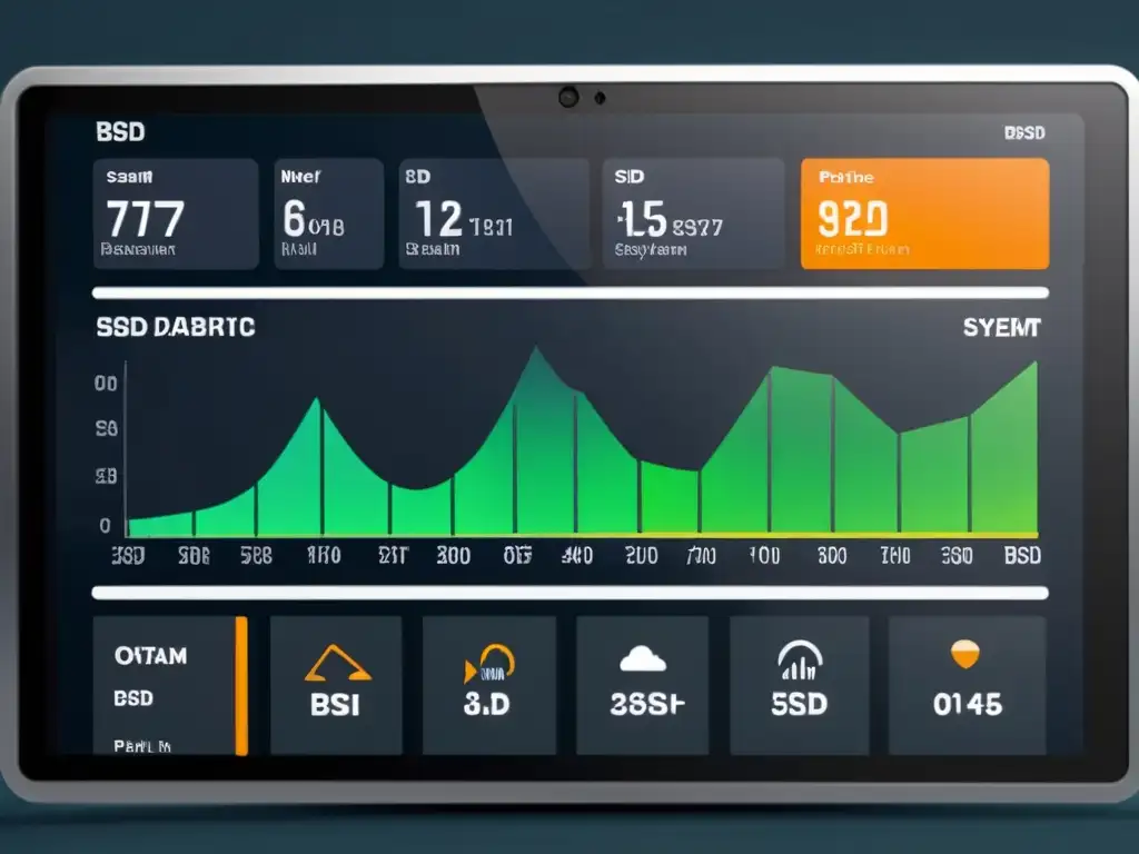 Vista detallada del tablero de rendimiento del sistema operativo BSD con diseño minimalista y visualizaciones de datos avanzadas