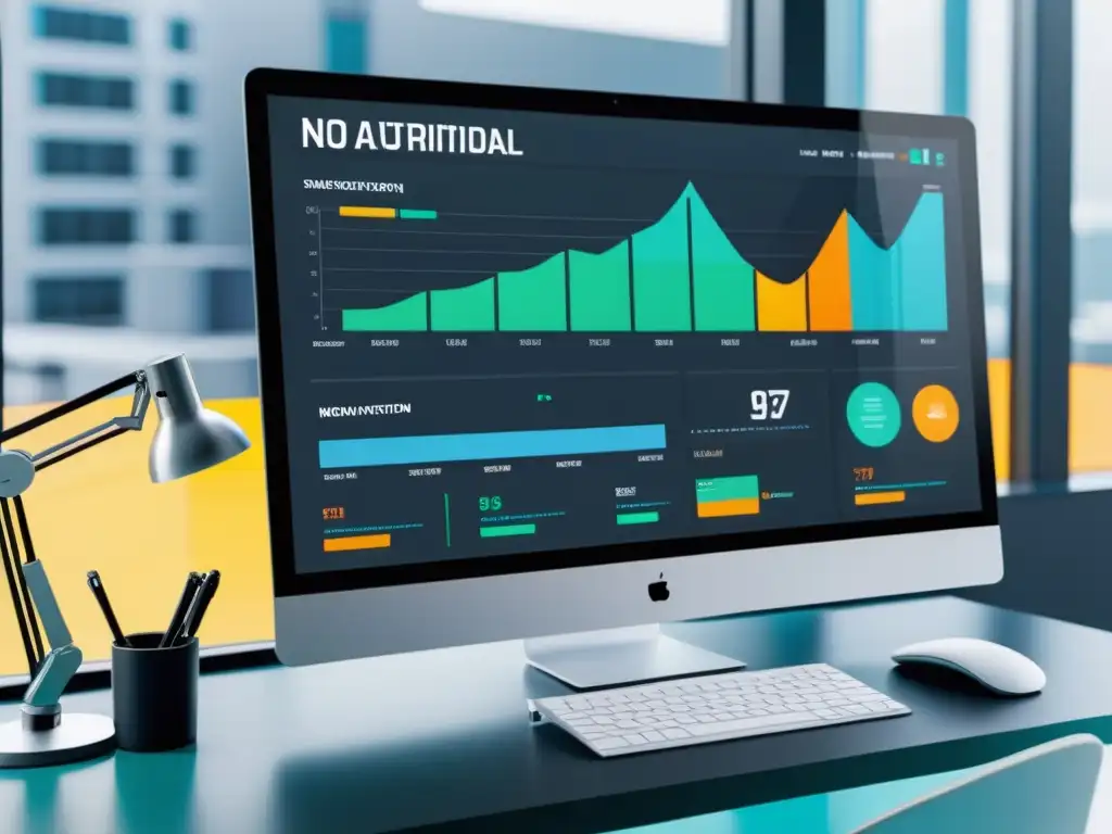 Vista futurista de la automatización de marketing en sistemas operativos alternativos, con interfaces elegantes y elementos de visualización de datos