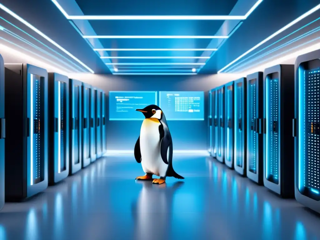 Vista futurista de sala de servidores con tecnología de vanguardia y la mascota de Linux, mostrando la fusión de Inteligencia Artificial en soporte Linux