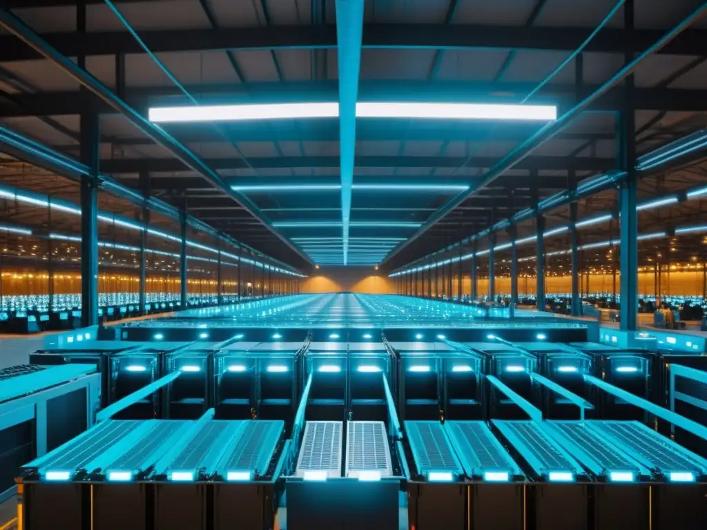 Vista panorámica de un bullicioso almacén industrial con filas de racks de servidores iluminados por un suave resplandor azul