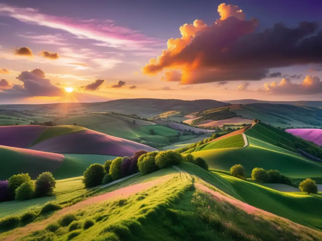 Vista panorámica de un cielo nublado al atardecer sobre colinas verdes, reflejando el potencial del Desarrollo de aplicaciones en Linux para la nube