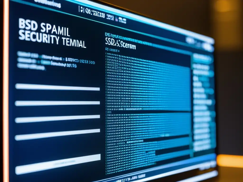 Visual futurista de terminal BSD mostrando seguridad correo electrónico y filtrado, con visualizaciones de datos