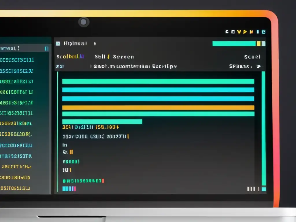 Visual impactante de automatización de tareas en Shell Script con código minimalista y terminal en acción