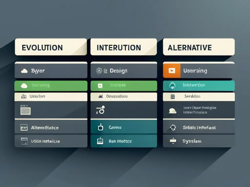 Comparación visual de la evolución de interfaces de usuario en sistemas alternativos, desde texto hasta táctil