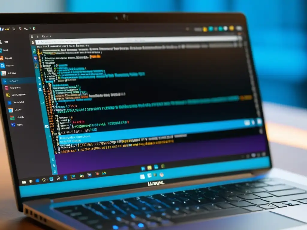 Visual Studio Code en laptop Linux con mejores extensiones para web development, creando atmósfera serena y enfocada